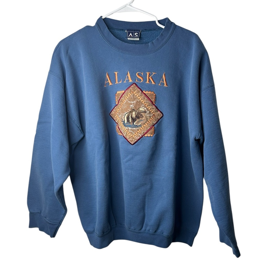 VTG AS Sports Alaska Moose‎ Sweatshirt Size L Blue Cabin Grandpa Grandma Tourist